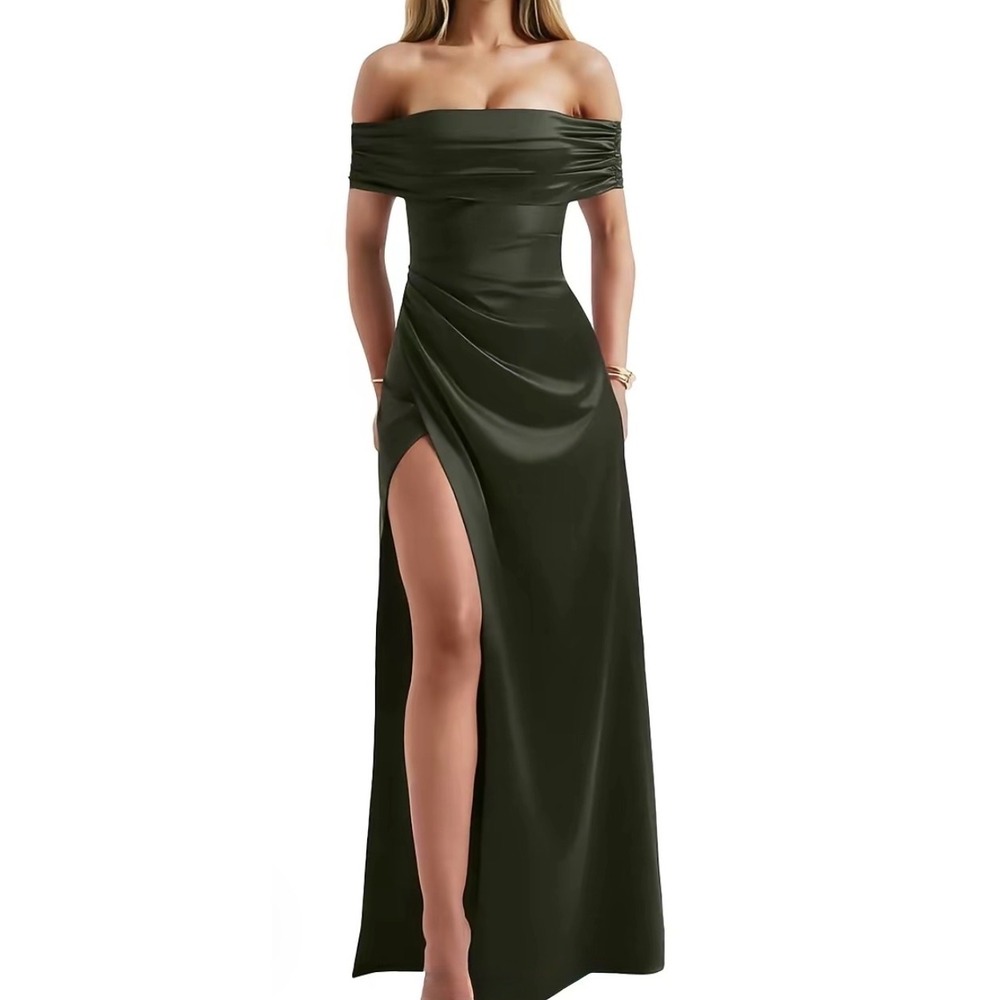 NWT OYS Size Small Army Green Elegant Off Shoulder High Split Bodycon Maxi Dress